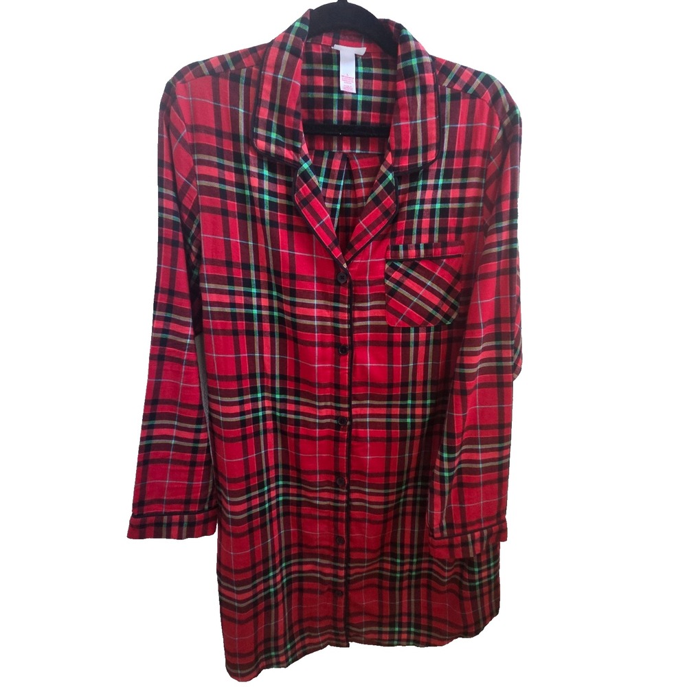 Wondershop Plaid Flannel Sleep Shirt Womens L Red Black 100% Cotton Nightshirt